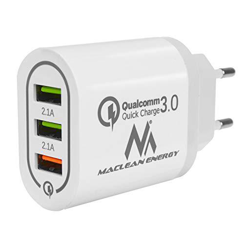 Maclean MCE479 QC 3.0 Cargador USB Universal 3xUSB Adaptador de Carga Fuente de Alimentación Adaptador 1x Carga Rápida 3.6-6V / 3A 6-9V / 2A 9-12V / 1.5 2X 5V / 2.1A (Blanco)