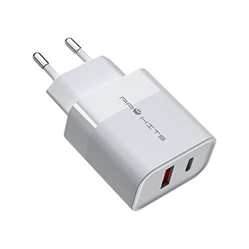 PHWHITS - Cargador USB C de 2 Puertos, Compatible con PD de 20 W + Salida máxima QC 3.0