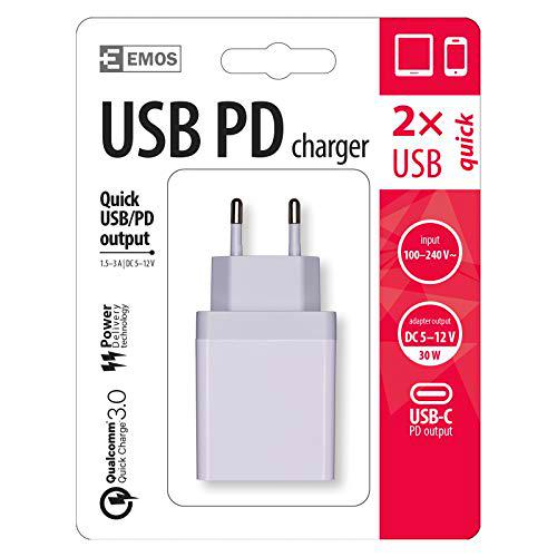 EMOS Cargador USB C Quick 3 A, 30 W, Power Delivery y Qualcomm Adaptador de Carga QC 3.0