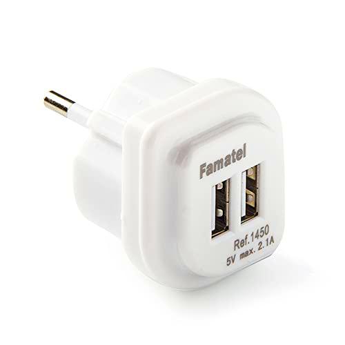 FAMATEL - Enchufe Cargador USB doble | Entrada 250 V | Salida 5V-2,1 A | Ahorrador de espacio | Necesidad para viajeros | Protección Infantil | Blanco