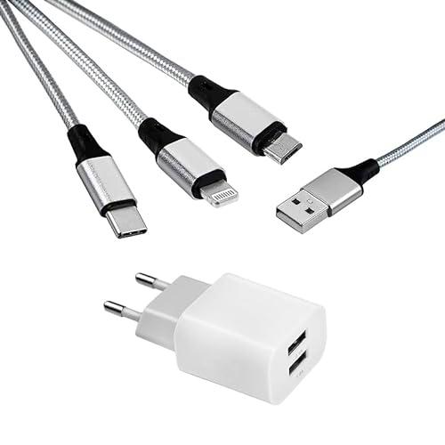 MUTTO Pack Cargador de Pared Universal de 5V2A/10W con 2 Puertos USB + 3 en 1 Multi Cable de Carga Universal USB a Micro USB/USB-C/Lightning Compatible con iPhone